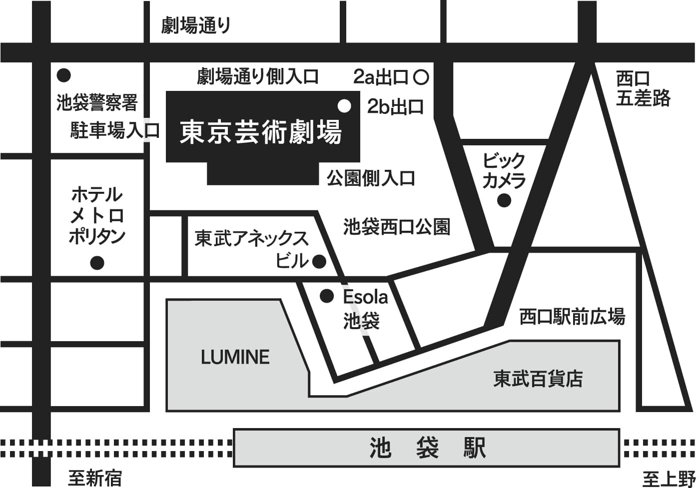 池袋駅から東京芸術劇場までの地図のモノクロ画像。